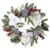 New Christmas Forever WREATH WHITE POINSETTIA 24″ FROSTED W/ MIXED GREENS, RED BERRIES & CONES