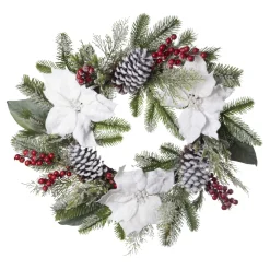 New Christmas Forever WREATH WHITE POINSETTIA 24″ FROSTED W/ MIXED GREENS, RED BERRIES & CONES