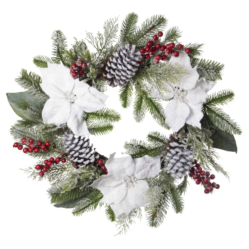New Christmas Forever WREATH WHITE POINSETTIA 24″ FROSTED W/ MIXED GREENS, RED BERRIES & CONES