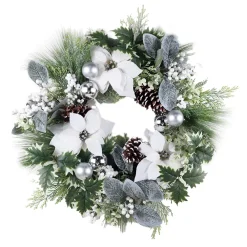 New Christmas Forever WREATH WHITE POINSETTIA 24″ MIXED PINE W/ BERRIES & CHAMPAGNE BALLS
